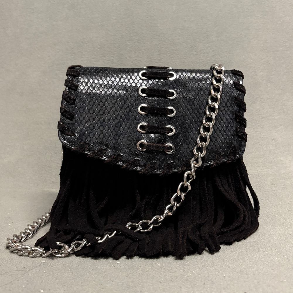 Zara Trafaluc Crossbody Bag Womens Small Black Good Fringe Snakeskin Embossed